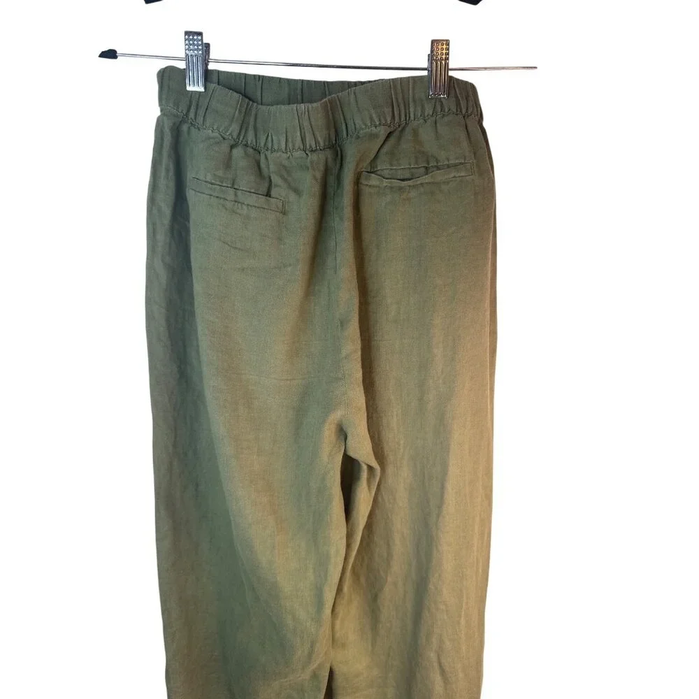 ZARA Womens Small Olive Green Linen Pants Elastic Waist Relaxed Fit